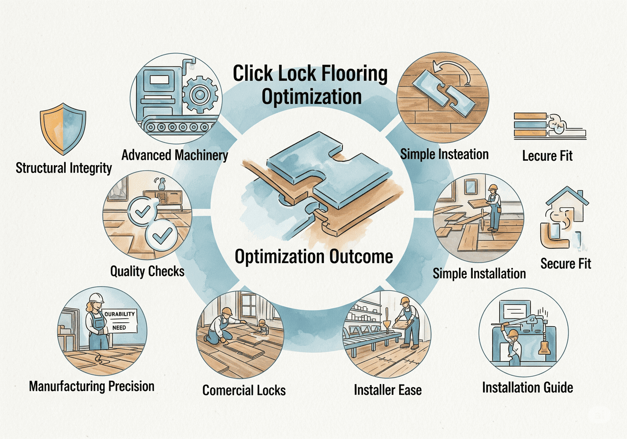 Click Lock Easy Install Click Lock Flooring Optimization for Simple Installation: Showcases advanced machinery, quality checks, simple installation, secure fit, and manufacturing precision for ease of use.