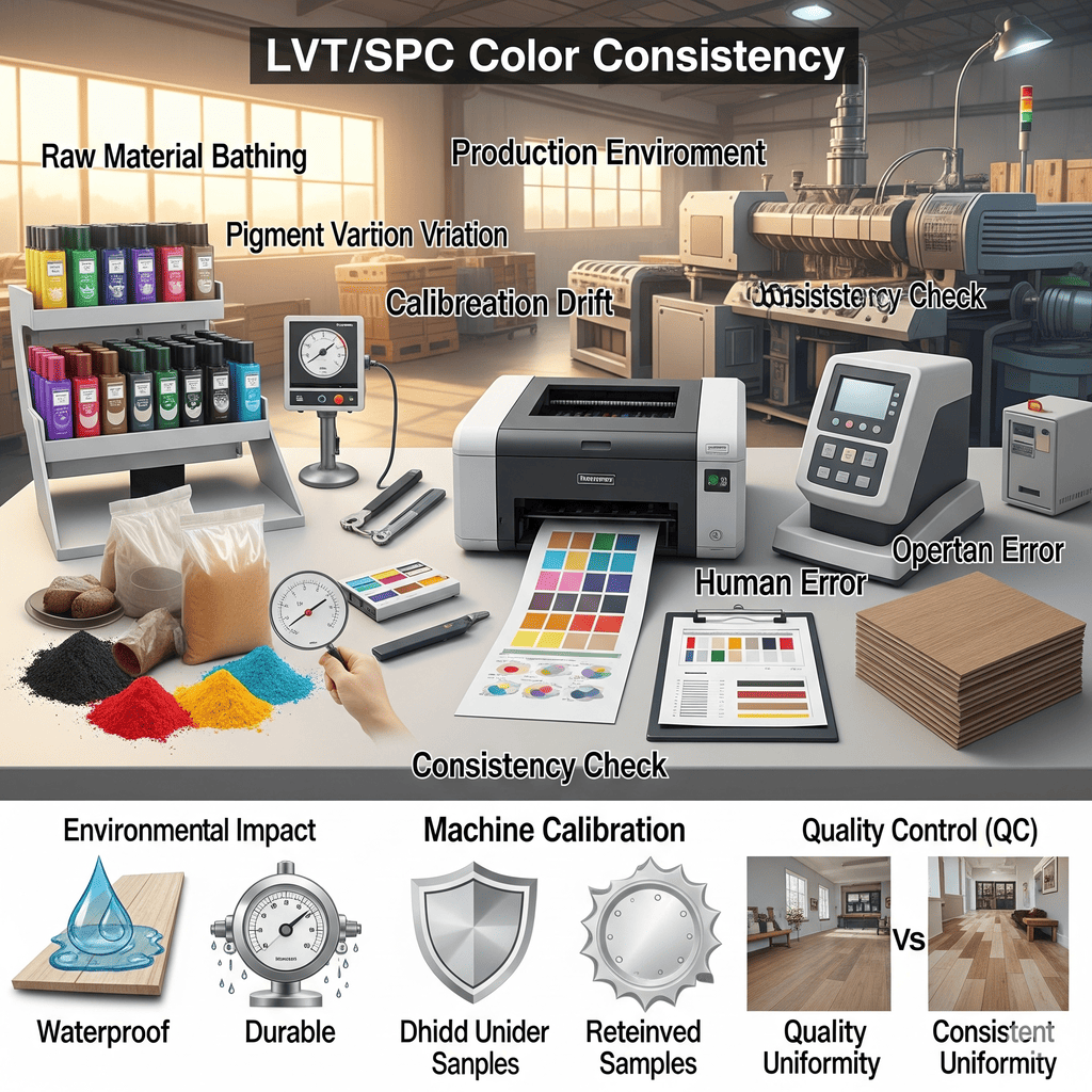 LVT/SPC Color Consistency LVT/SPC Color Consistency: Raw material bathing, production environment, and machine calibration for quality uniformity