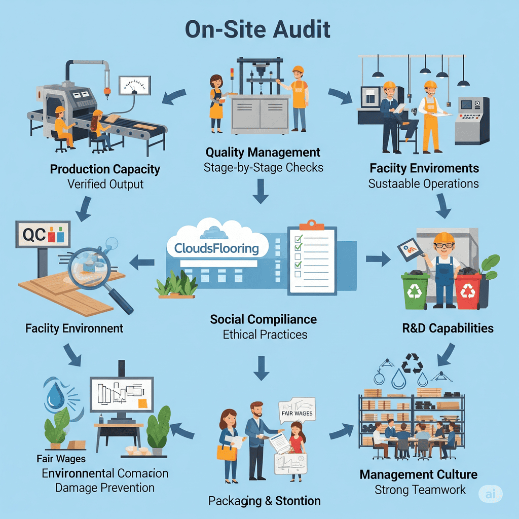 Flooring On-Site Audit CloudsFlooring On-Site Audit: Verifying production, quality, and ethical practices for SPC flooring