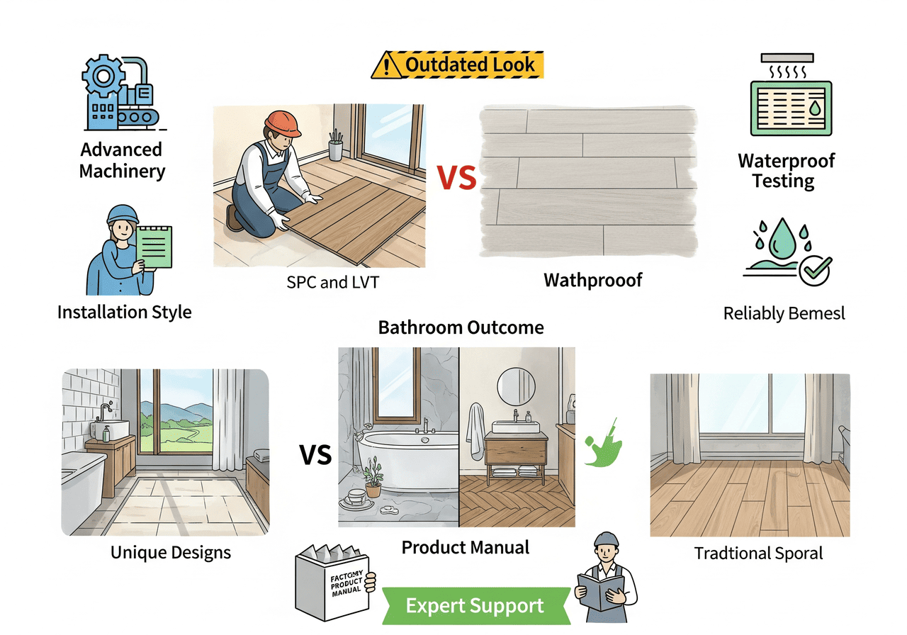 Modern Bathroom Flooring SPC and LVT Bathroom Flooring: Modern Solution: Compares modern SPC/LVT with traditional, outdated options, showcasing advanced machinery, waterproof testing, unique designs, and expert support for a superior bathroom outcome.