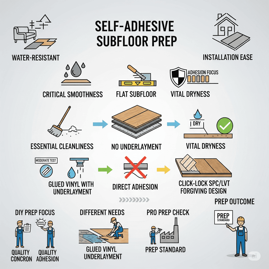 Self-Adhesive Subfloor Prep: Critical smoothness, flatness, and dryness for direct adhesion and optimal installation