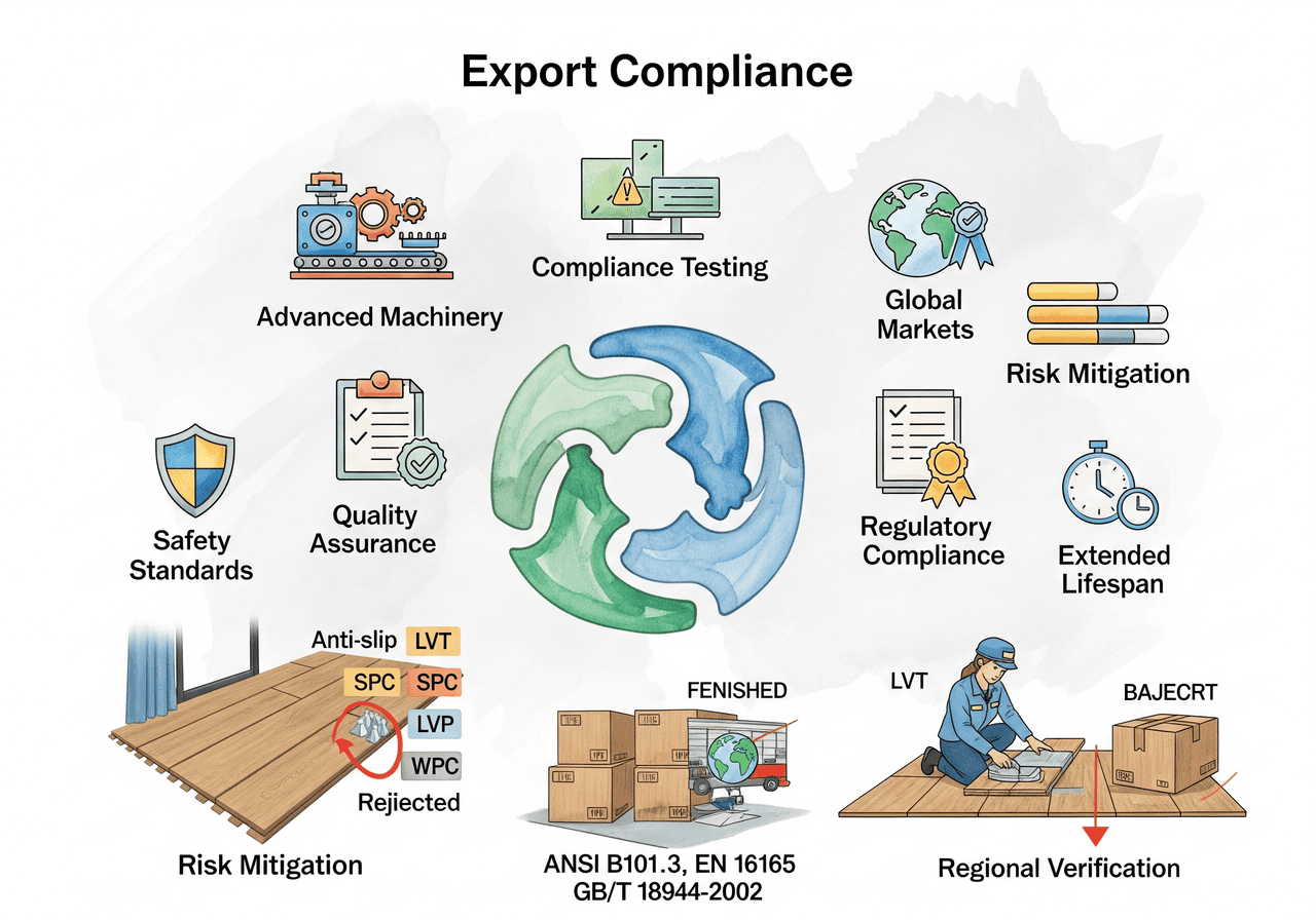 Export Compliance for Global Markets: Highlights advanced machinery, quality assurance, regulatory compliance, and risk mitigation for anti-slip LVT, SPC, LVP, WPC.
