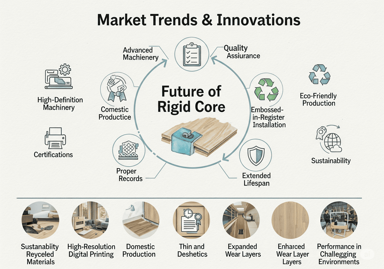Market Trends & Innovations: Future of Rigid Core: Highlights advanced machinery, quality assurance, eco-friendly production, sustainability, and extended lifespan for future innovations.