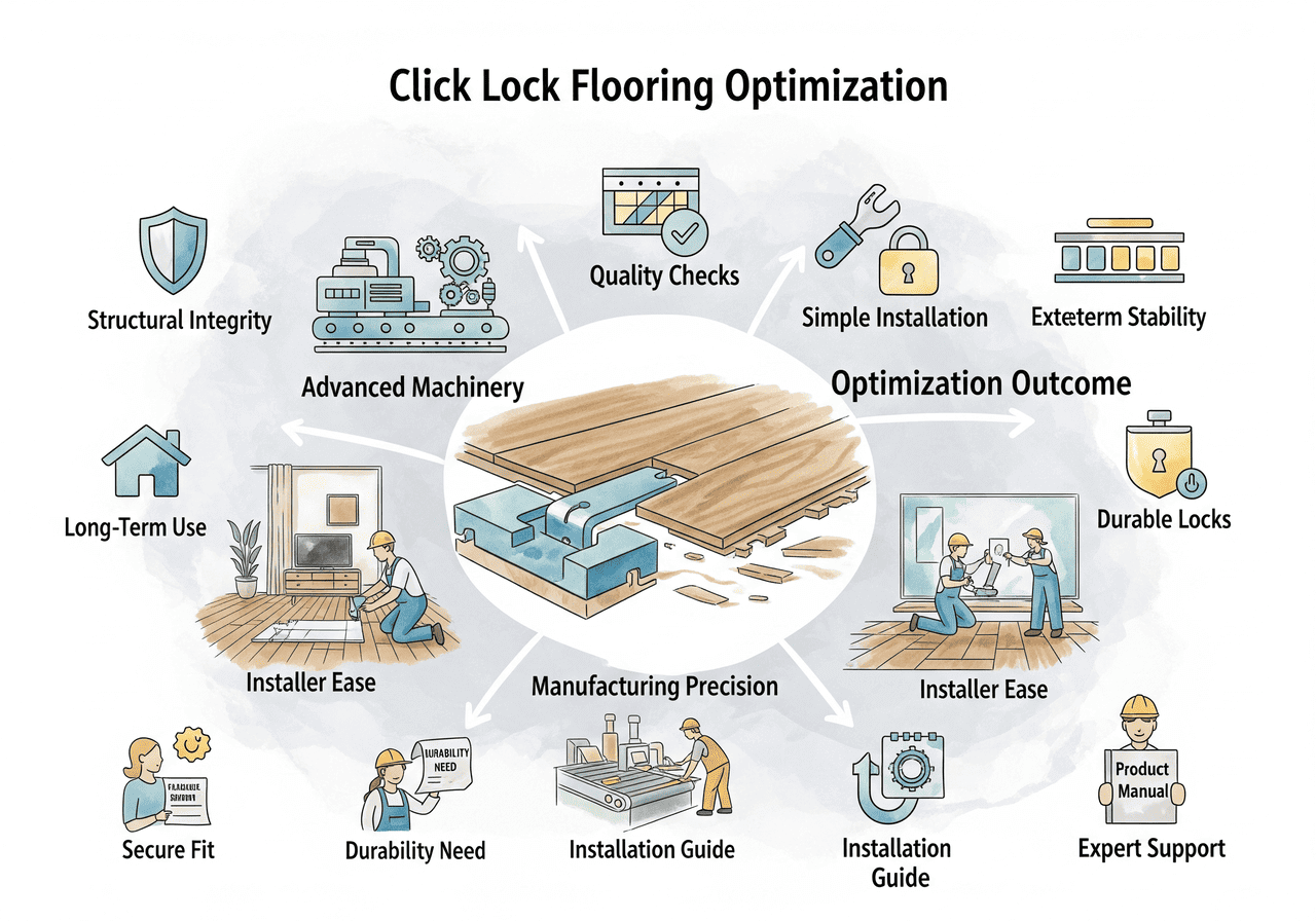 Click Lock Stability Click Lock Flooring Optimization for Long-Term Use: Focuses on structural integrity, advanced machinery, durable locks, and manufacturing precision for extended stability.