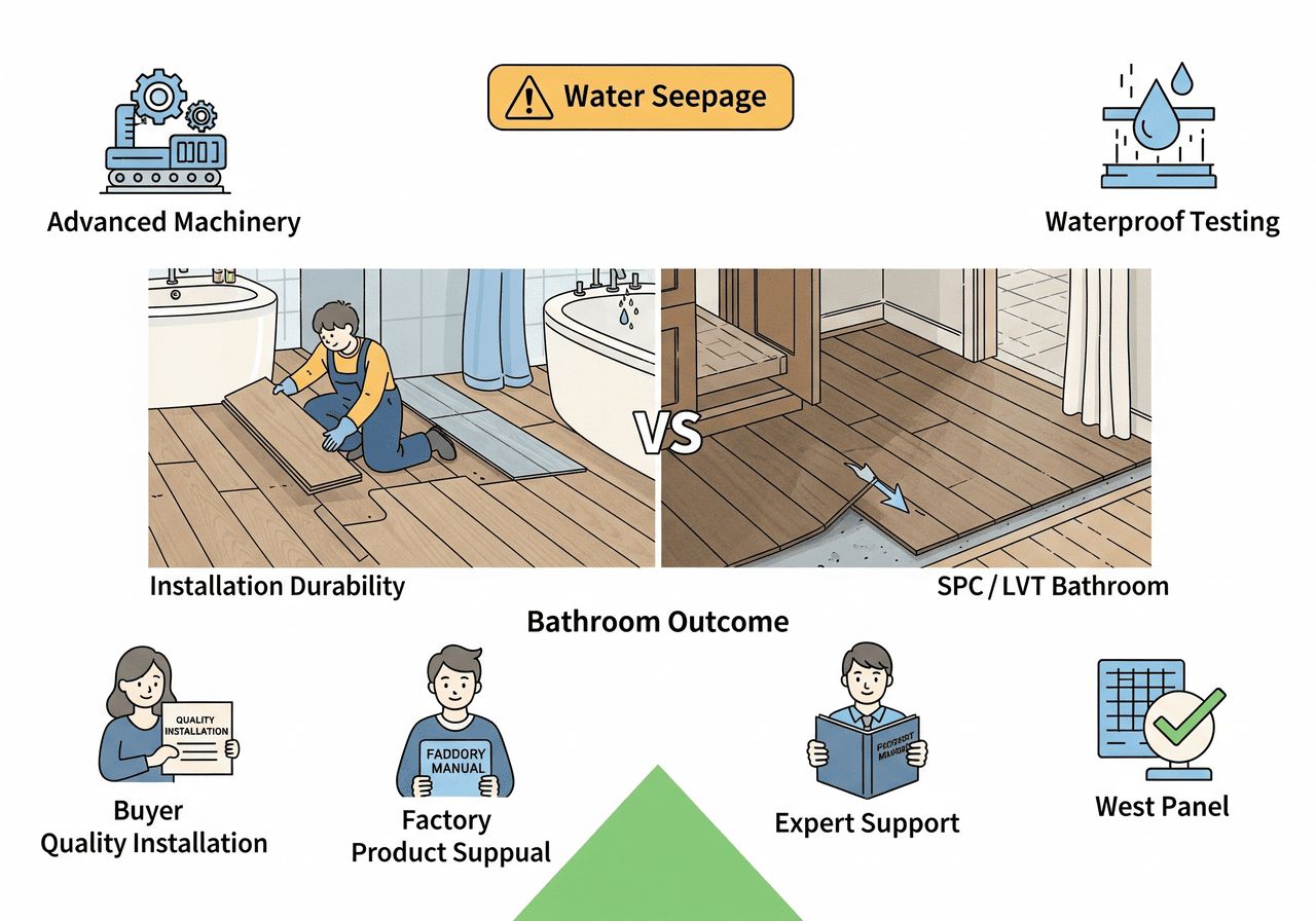 Bathroom Flooring Durability Bathroom Flooring Durability: SPC/LVT vs. Water Seepage: Highlights advanced machinery, waterproof testing, and installation durability for SPC/LVT flooring, preventing water seepage and ensuring a reliable bathroom outcome.