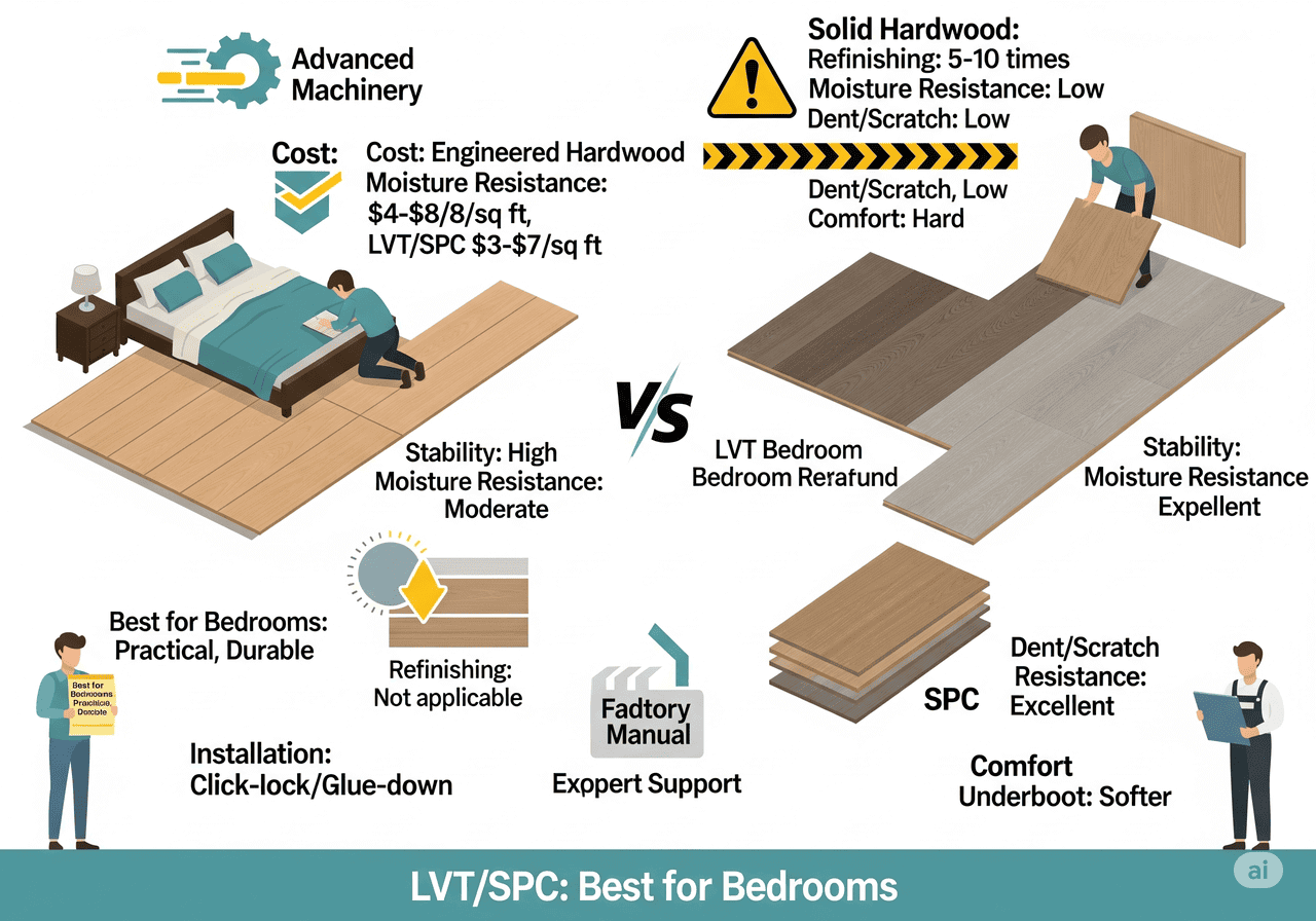 LVT/SPC: Best for Bedrooms: Compares LVT/SPC with solid hardwood, detailing cost, moisture resistance, dent/scratch resistance, comfort, installation, and stability, with advanced machinery and expert support for practical and durable bedroom flooring.