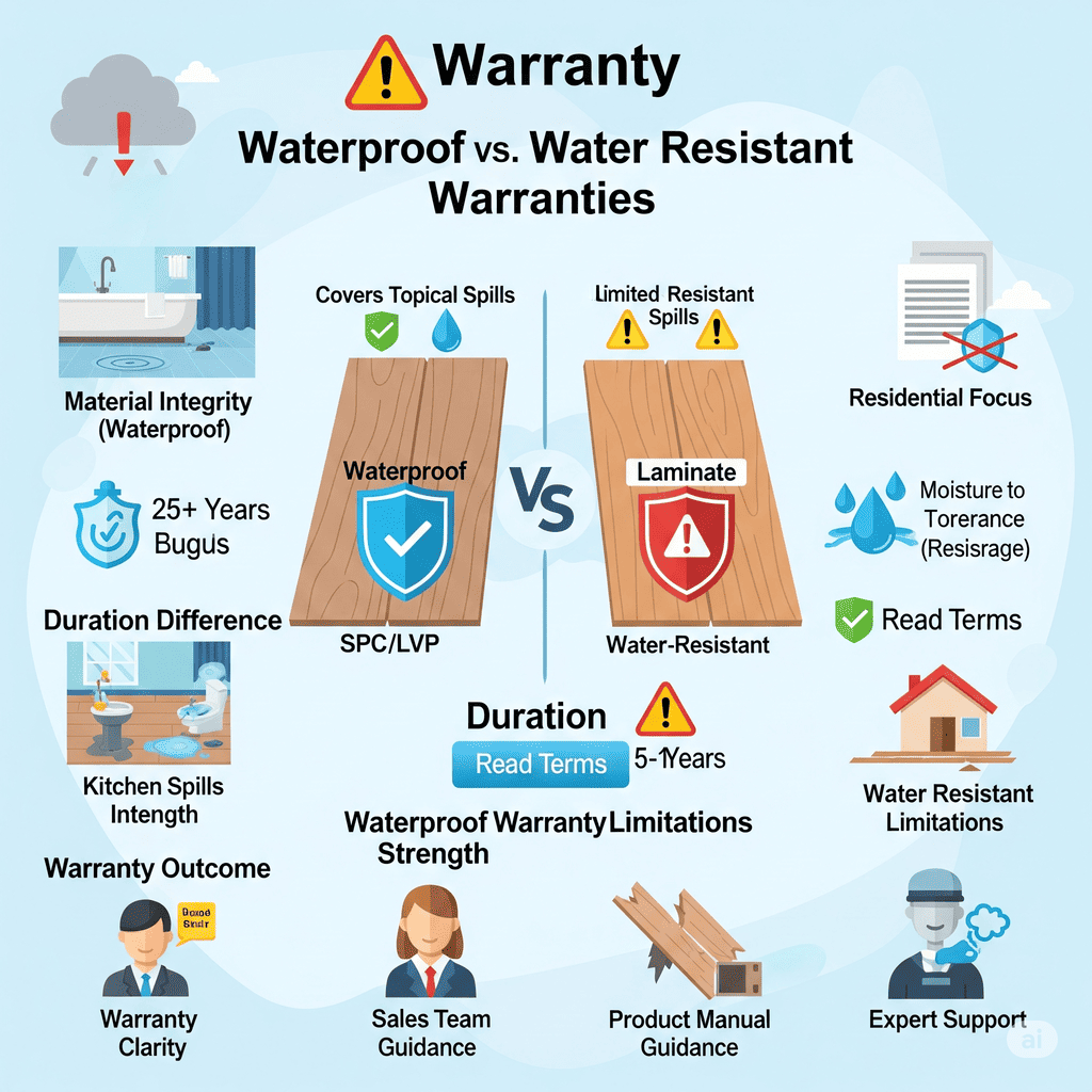 Waterproof vs. Water Resistant Warranties: Compares warranty durations and coverage for SPC/LVP (25+ years) vs. laminate (5-years).