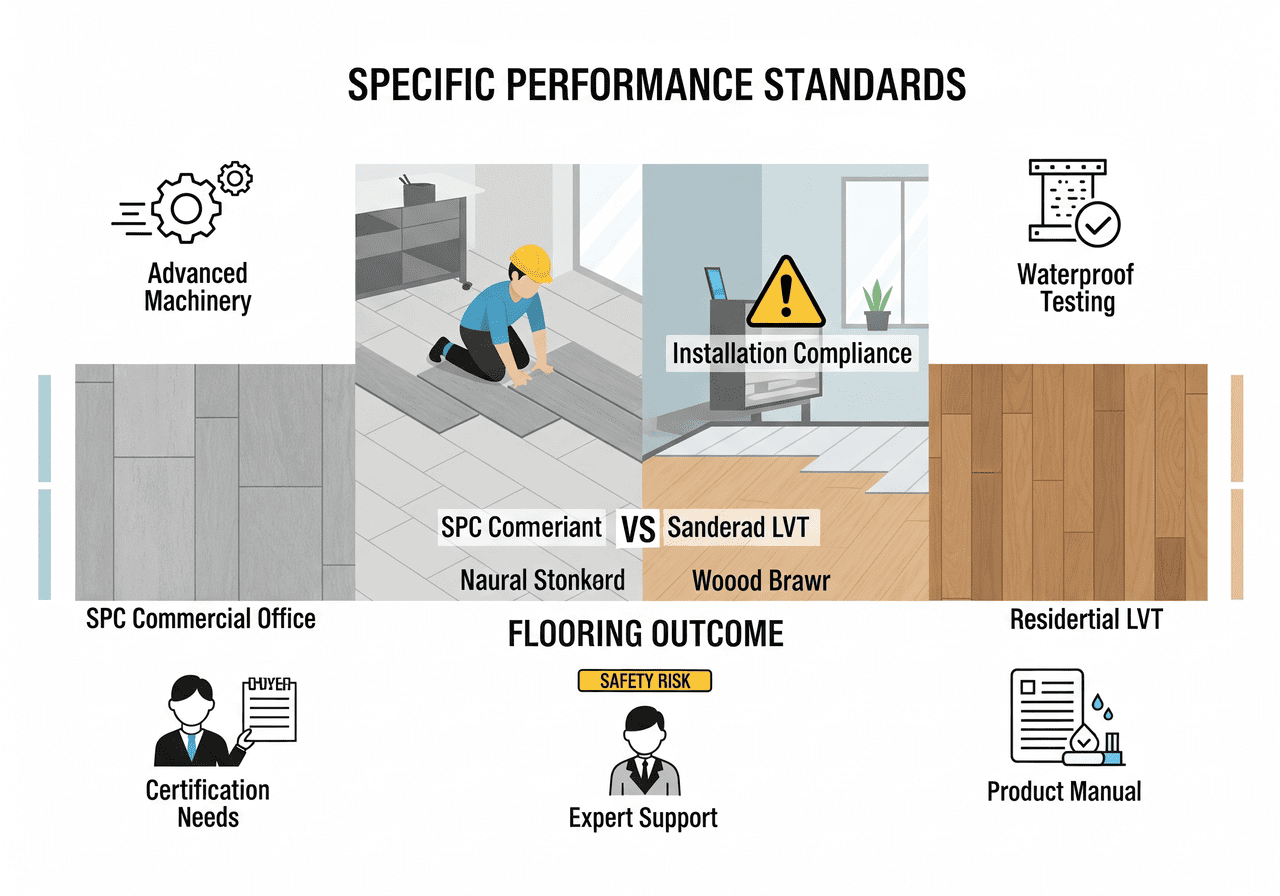 Specific Performance Standards: SPC Commercial vs. Residential LVT: Compares performance, emphasizing safety risk, installation compliance, advanced machinery, and waterproof testing, along with certification needs and expert support for both commercial and residential applications.
