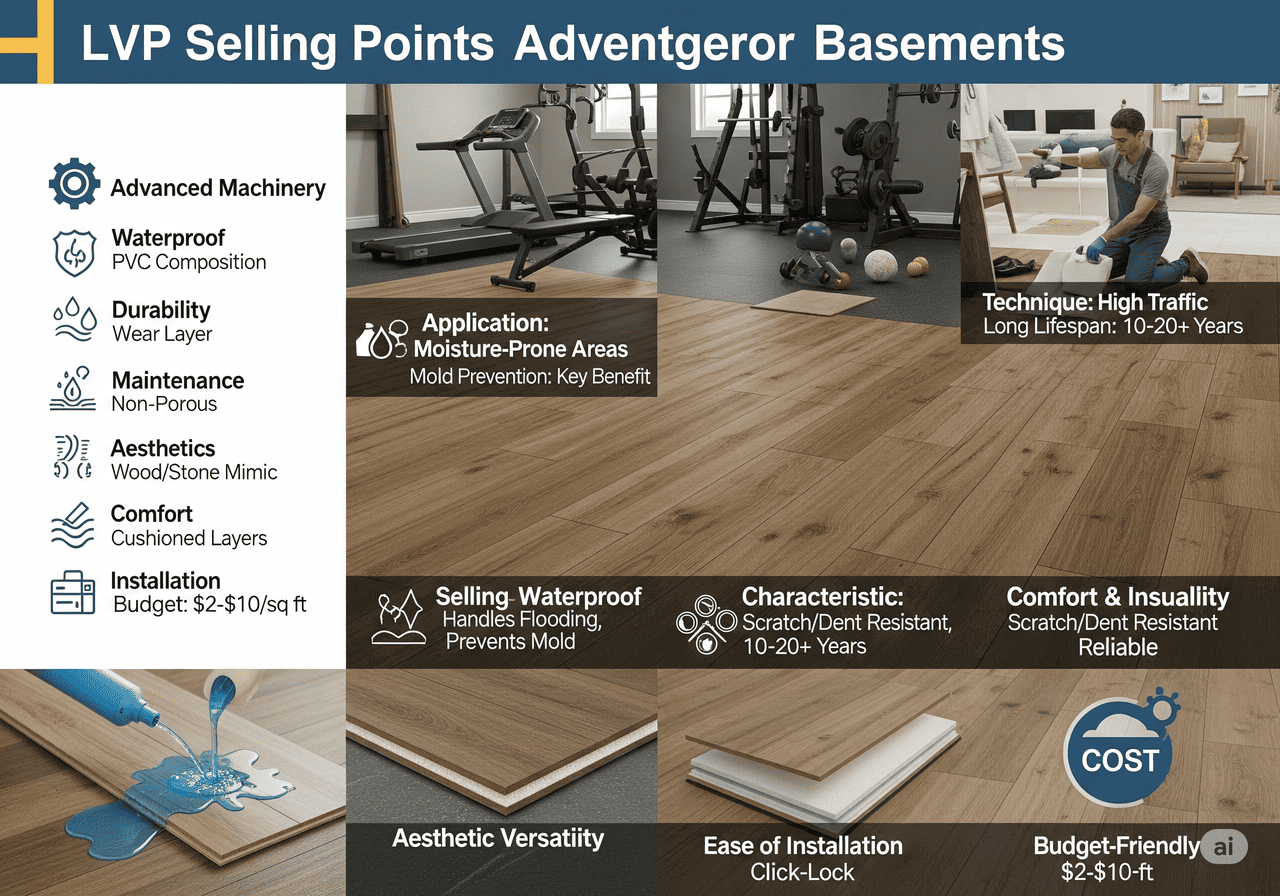 LVP for Basements LVP Selling Points for Basements: Highlights LVP's advantages in moisture-prone areas with its waterproof PVC composition, durability (10-20+ years), non-porous maintenance, aesthetic versatility (wood/stone mimic), comfort, and budget-friendly installation ($2-$10/sq ft).