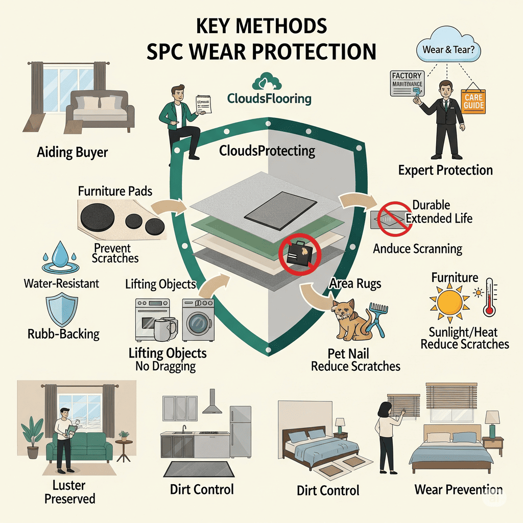 Key Methods: SPC wear protection, including furniture pads, area rugs, and expert maintenance tips