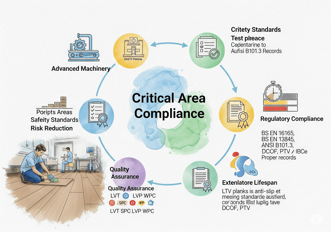 Critical Area Compliance for LVT, LVP, WPC: Emphasizes safety standards, quality assurance, and regulatory compliance for extended lifespan and risk reduction.