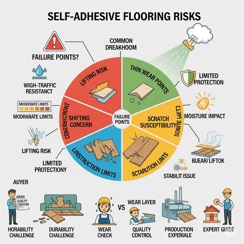 Self-Adhesive Flooring Risks: Common failure points including lifting, shifting, thin wear, and scratch susceptibility