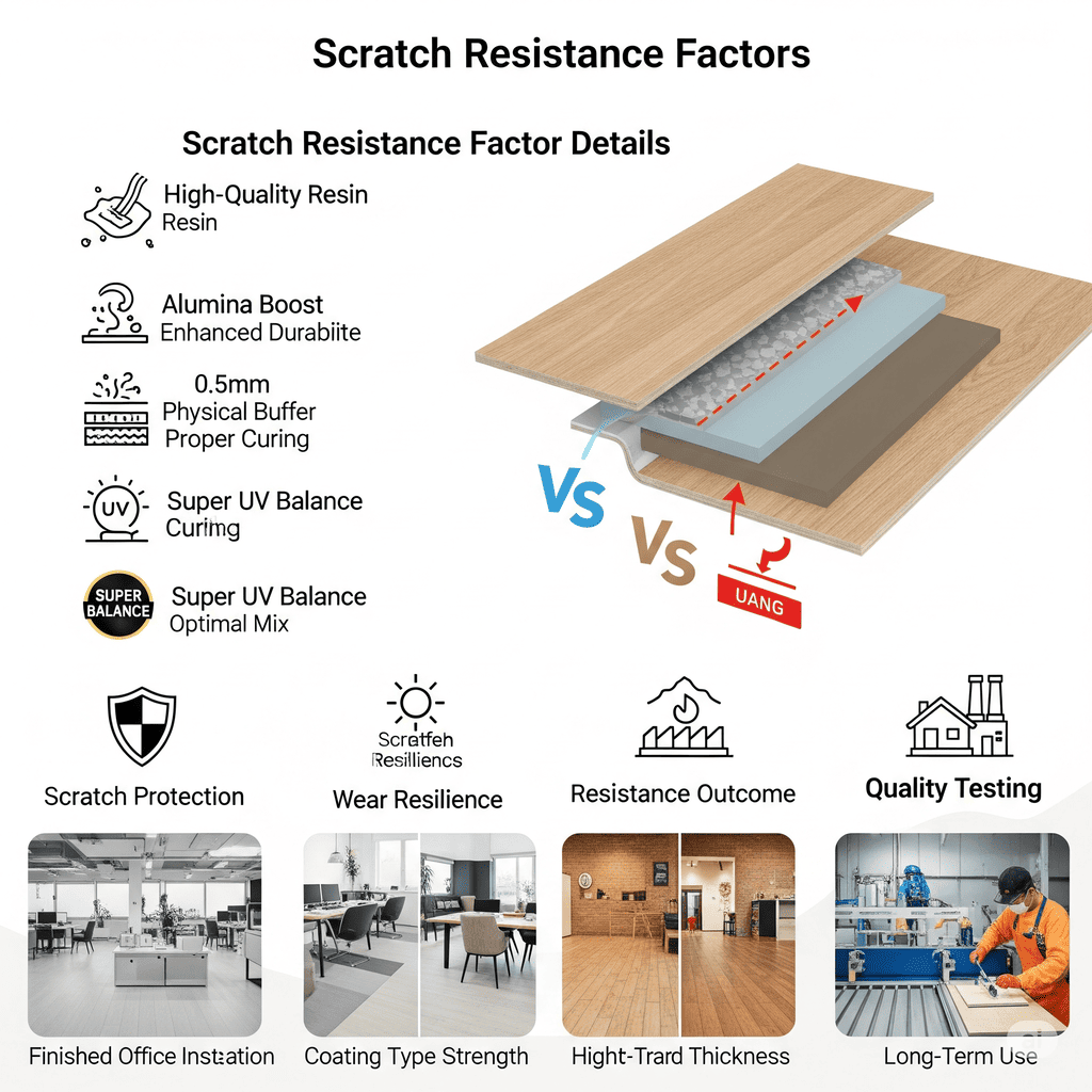 Scratch Resistance Factors: Details high-quality resin, alumina boost for enhanced durability, and optimal UV balance for superior scratch protection.