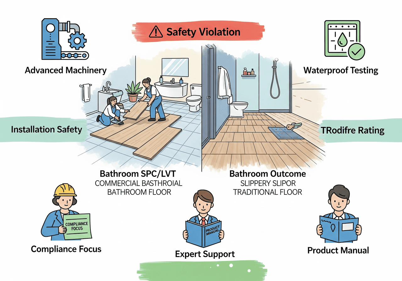 Commercial Bathroom Safety Commercial Bathroom Flooring Safety: SPC/LVT eliminates slip risk: Emphasizes advanced machinery, waterproof testing, and installation safety for commercial SPC/LVT bathroom flooring, ensuring compliance and preventing safety violations compared to slippery traditional floors.