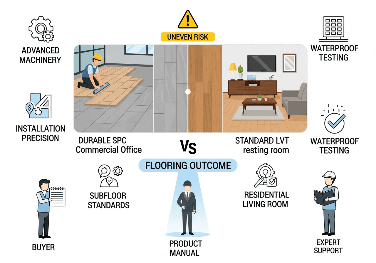 Flooring Outcome: Durable SPC Commercial Office vs. Standard LVT Residential: Addresses uneven risk, highlighting installation precision, waterproof testing, subfloor standards, and the role of expert support and product manuals in achieving a superior flooring outcome.