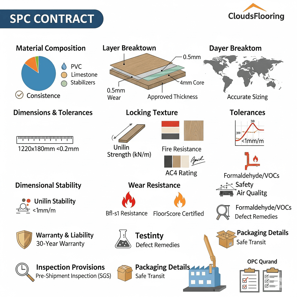 SPC Contract Details CloudsFlooring SPC Contract: Material composition, dimensions, wear resistance, and warranty details