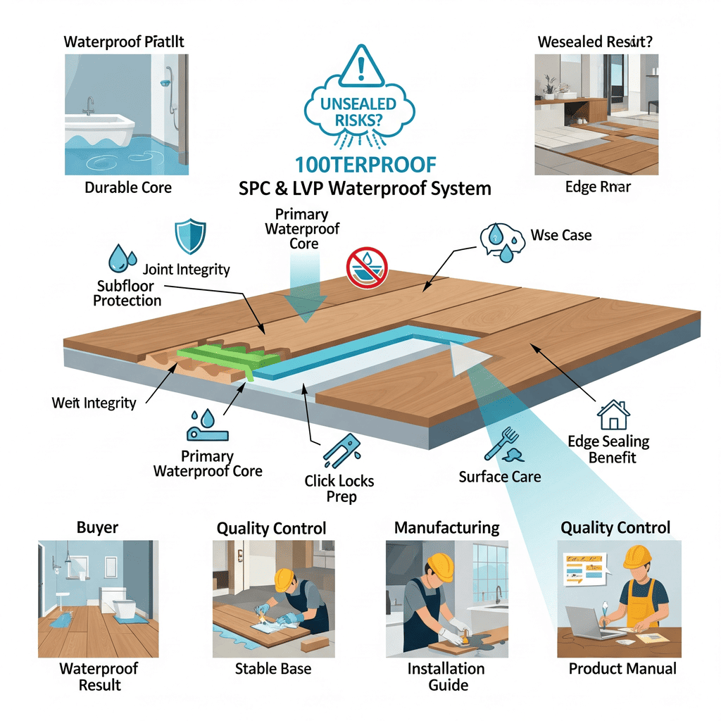 SPC & LVP Waterproof System: Illustrates the primary waterproof core, joint integrity, and subfloor protection for a robust system.