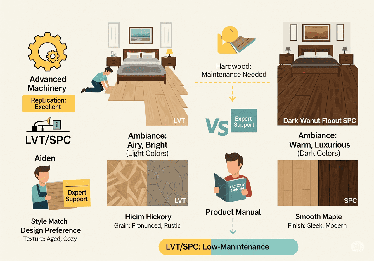 LVT/SPC: Low-Maintenance Flooring: Compares LVT and SPC for bedrooms, focusing on ambiance (airy/light vs. warm/luxurious), style match, and texture preferences (aged/cozy vs. sleek/modern), highlighting low maintenance with advanced machinery and expert support.