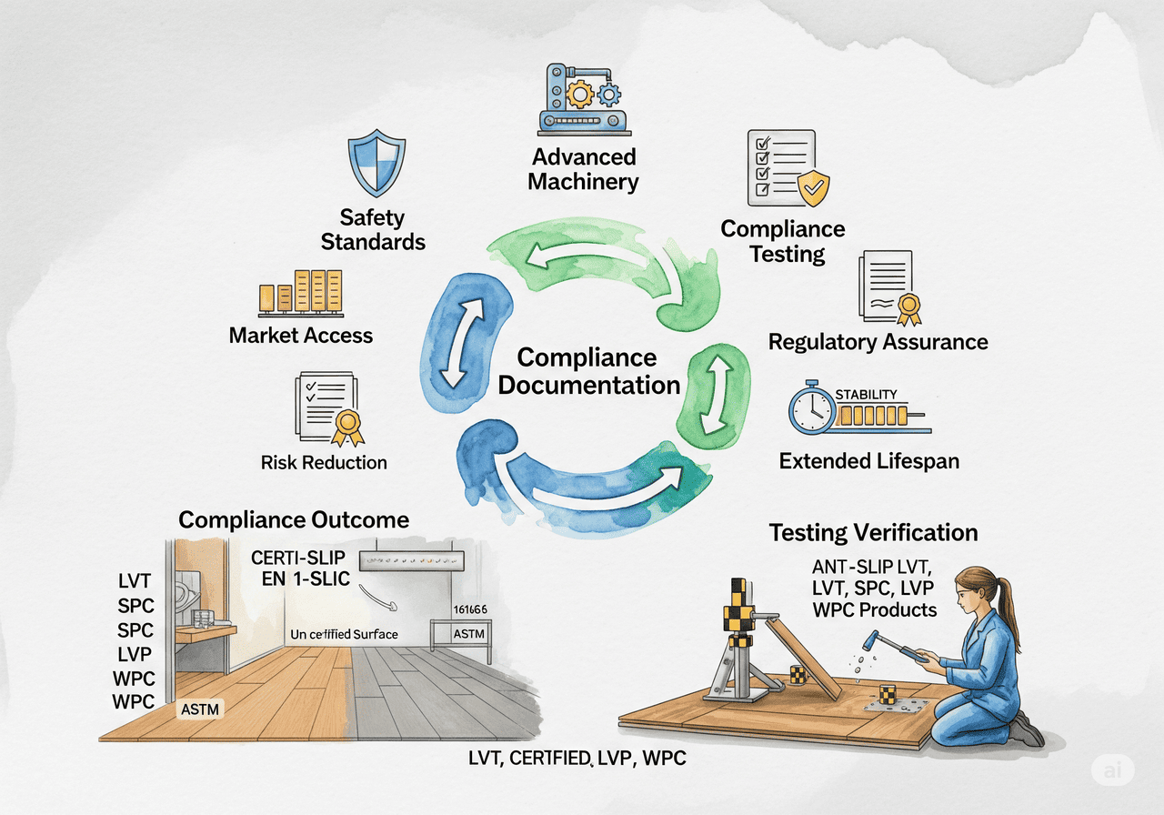 Compliance Documentation for LVT, SPC, LVP, WPC: Illustrates safety standards, compliance testing, regulatory assurance, and extended lifespan for market access.