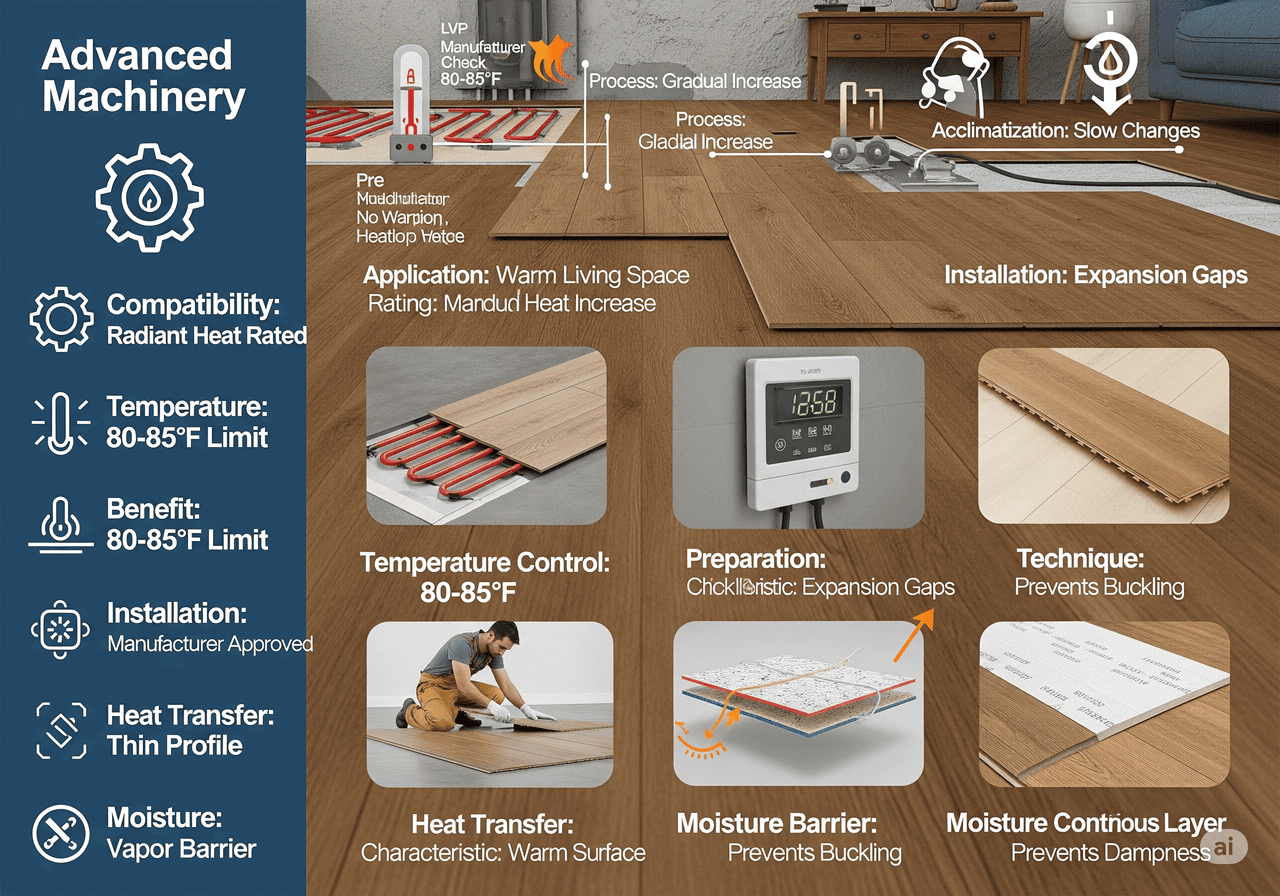 LVP Radiant Heat LVP Compatibility with Radiant Heat: Explains installation with expansion gaps for radiant heat applications, ensuring temperature control (80-85°F limit), effective heat transfer, and a moisture barrier to prevent buckling, all approved by manufacturers and supported by advanced machinery.