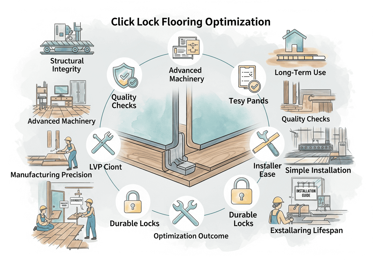 Click Lock Lifespan Click Lock Flooring Optimization for Durability: Details advanced machinery, quality checks, durable locks, and simple installation for an extended lifespan and secure fit.