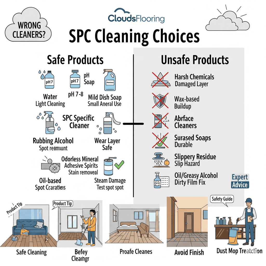 CloudsFlooring SPC Cleaning Choices: Safe vs. unsafe products for effective and damage-free cleaning