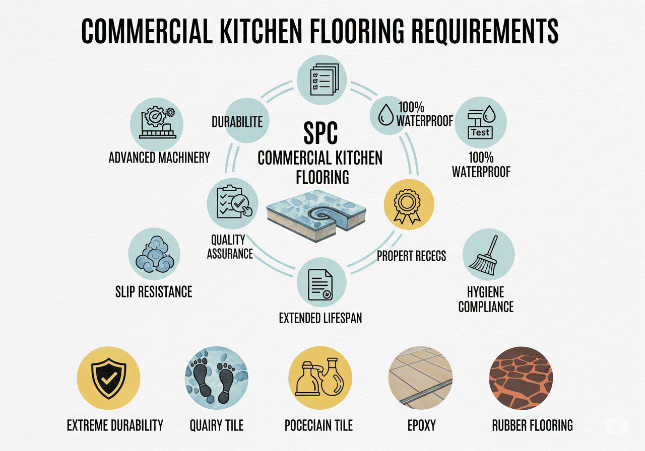 Commercial Kitchen Flooring Requirements: Details SPC flooring's 100% waterproof nature, advanced machinery, quality assurance, slip resistance, and hygiene compliance for extreme durability.