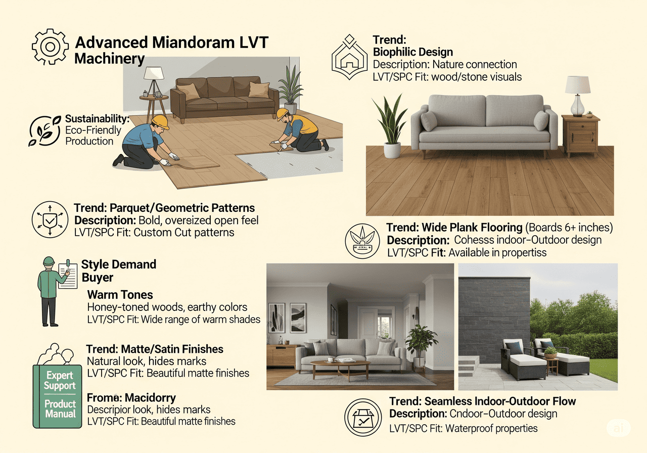 Advanced LVT Flooring Trends: Showcases biophilic design, parquet/geometric patterns, wide plank flooring, matte/satin finishes, and seamless indoor-outdoor flow, emphasizing sustainability, advanced machinery, and custom cuts for diverse style demands.