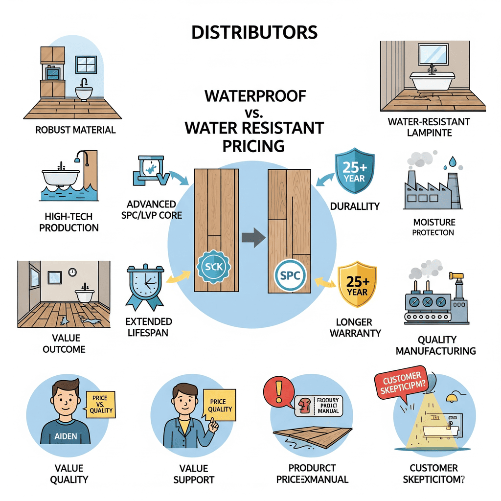 Waterproof vs. Water Resistant Pricing for Distributors: Explains value outcomes, extended lifespan, and longer warranties for SPC/LVP.