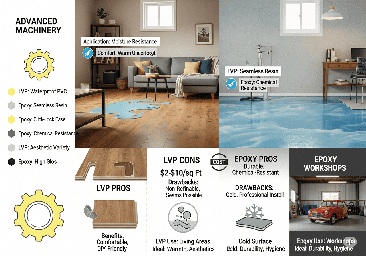 LVP vs Epoxy LVP vs. Epoxy for Workshops & Living Areas: Compares LVP's benefits (waterproof, aesthetic variety, comfortable, DIY-friendly) for living spaces with epoxy's durability and chemical resistance for workshops, discussing drawbacks like professional installation for epoxy and potential seams for LVP.