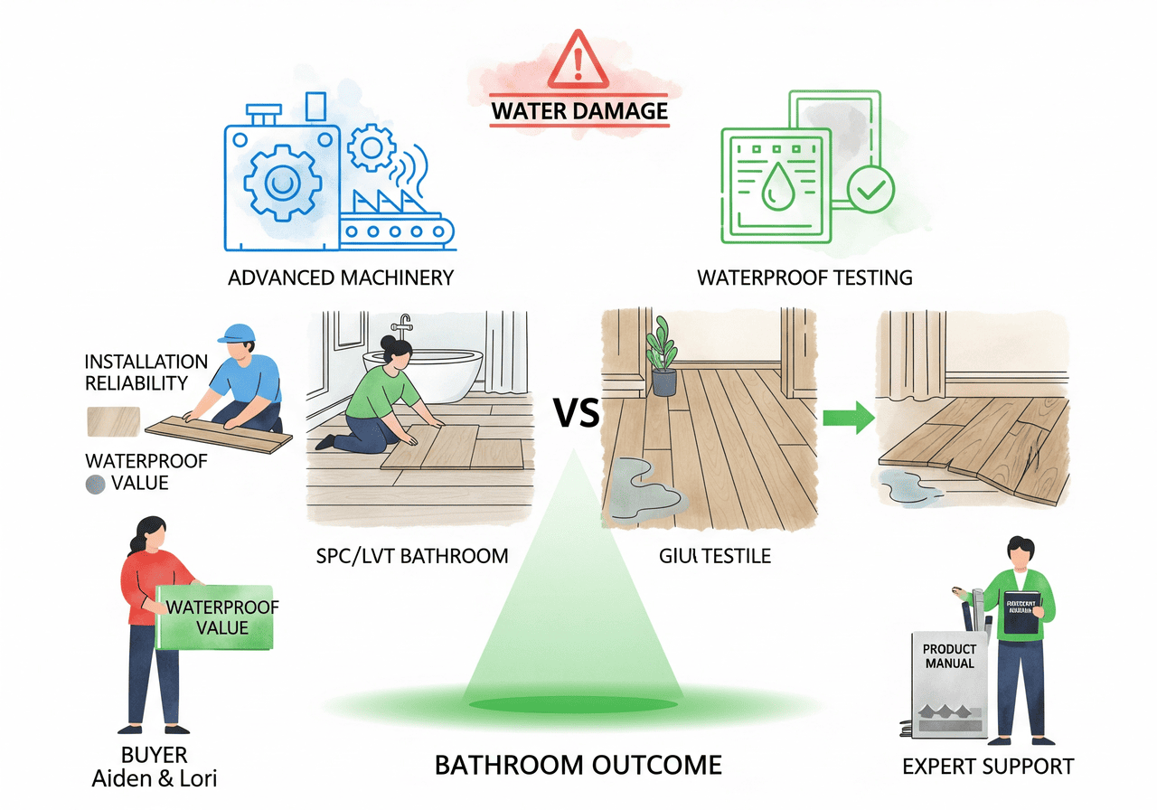 Waterproof Flooring Value Waterproof Value in Bathroom Flooring: SPC/LVT vs. Water Damage: Showcases the superior waterproof value of SPC/LVT flooring compared to traditional options, highlighting advanced machinery, waterproof testing, and reliable installation to prevent water damage.