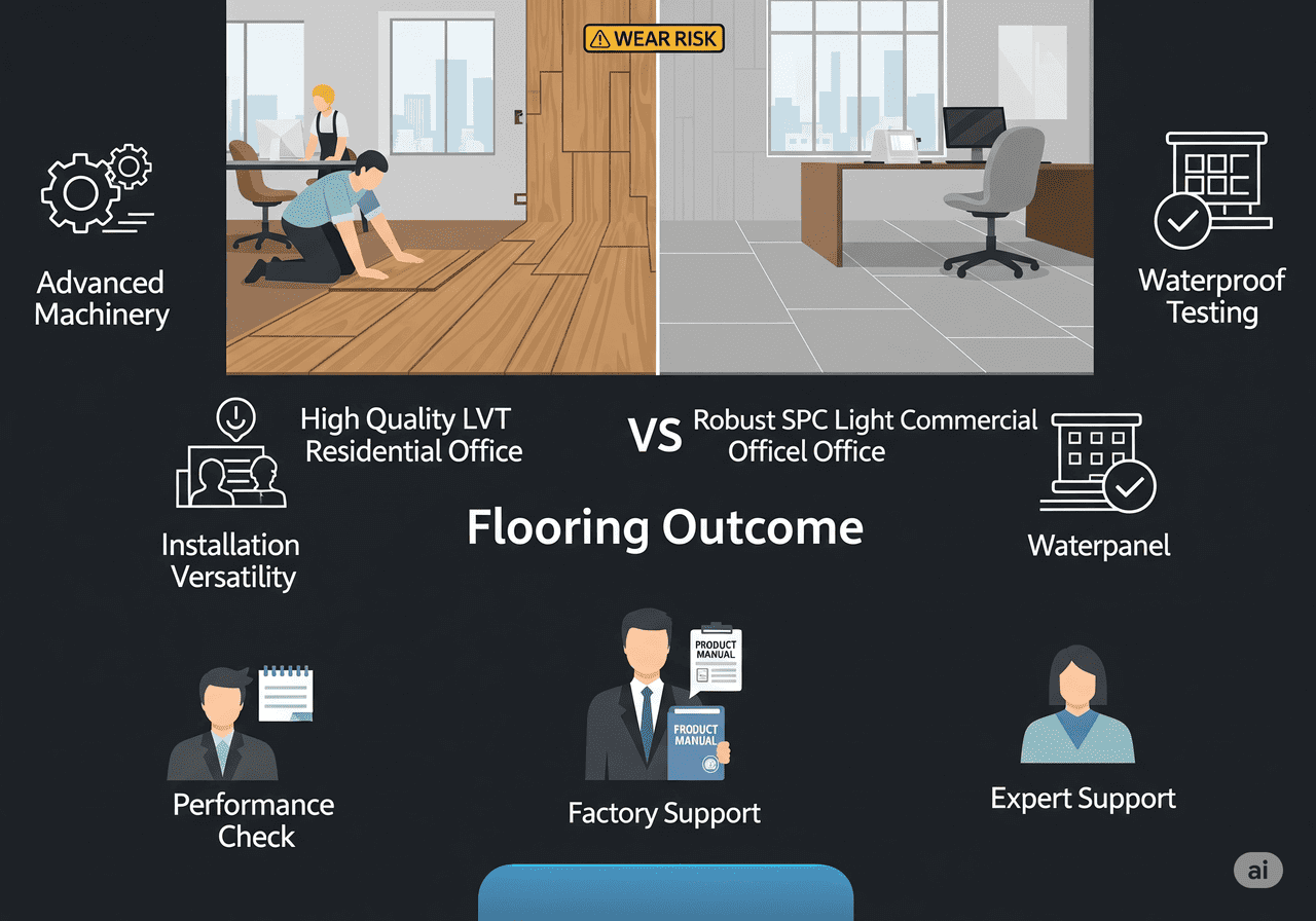 High Quality LVT Residential vs. Robust SPC Light Commercial Office: Addresses wear risk, showcasing advanced machinery, waterproof testing, and installation versatility, with strong factory and expert support ensuring performance checks for optimal flooring outcomes.