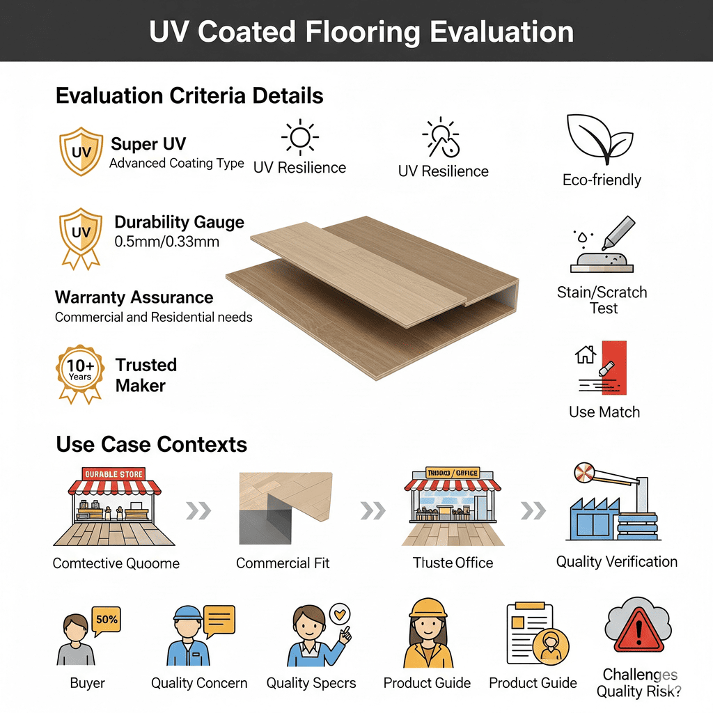 UV Coated Flooring Evaluation: Covers criteria like Super UV resilience, durability gauges (0.5mm/0.33mm), and warranty assurance for commercial and residential needs.