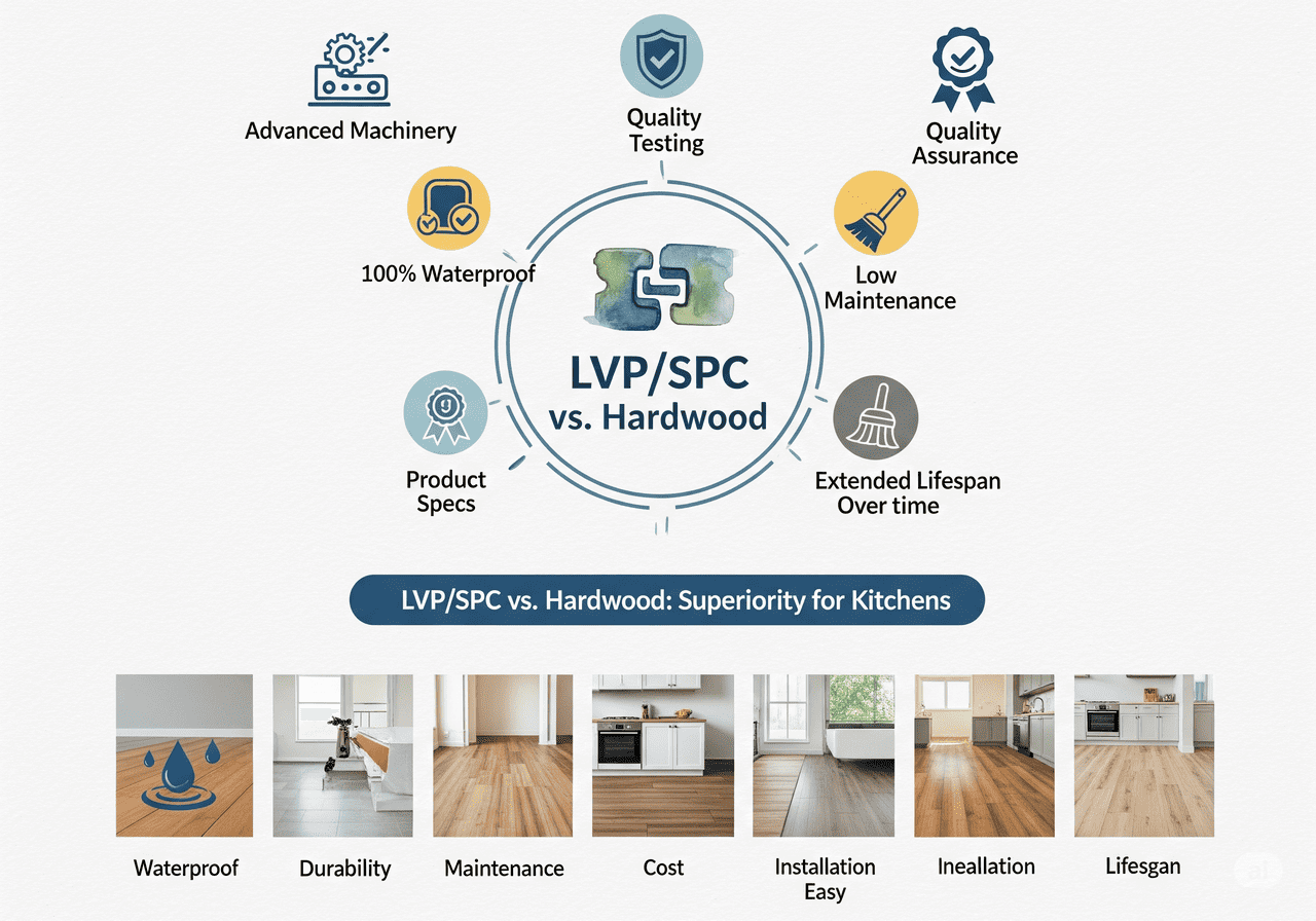 LVP/SPC vs. Hardwood: Superiority for Kitchens: Compares LVP/SPC with hardwood, emphasizing 100% waterproof, low maintenance, durability, and extended lifespan achieved through advanced machinery and quality testing.