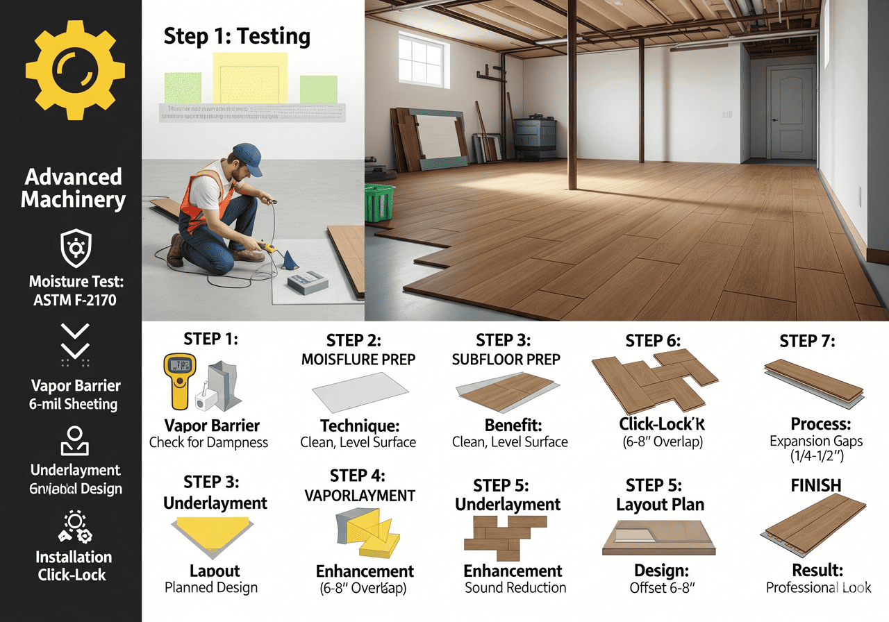 LVP Click-Lock Install LVP Click-Lock Installation Process: A step-by-step guide to LVP installation, covering moisture testing (ASTM F-2170), vapor barrier (6-mil sheeting), subfloor and underlayment preparation, layout planning, and the click-lock technique with expansion gaps for a professional result.