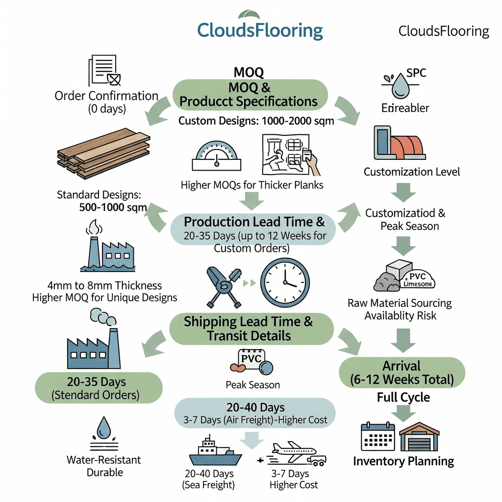 SPC Order Process CloudsFlooring: MOQ, production, and shipping lead times for SPC flooring orders