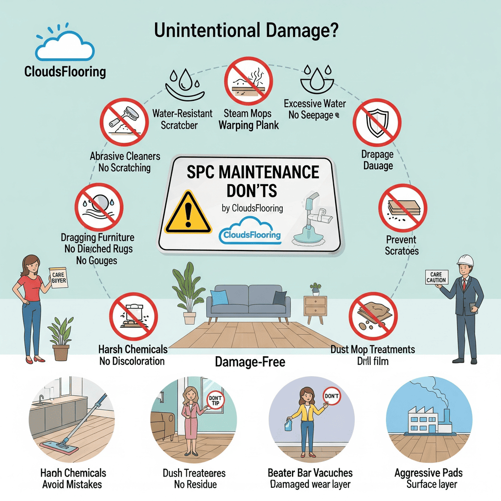 SPC Maintenance Don'ts: Avoiding unintentional damage from harsh chemicals, dragging furniture, and steam mops