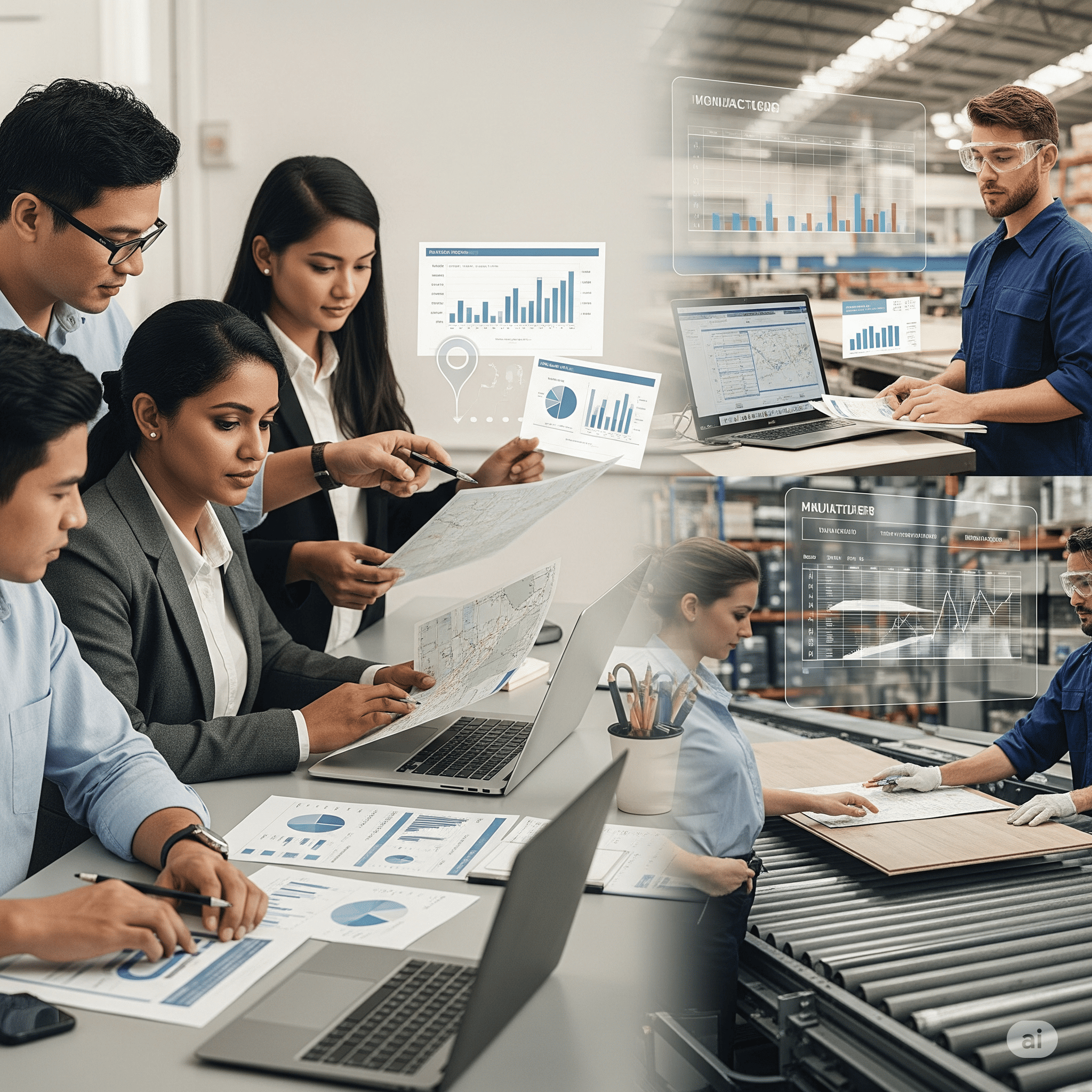 Collaborative team analyzing factory production data and sales reports