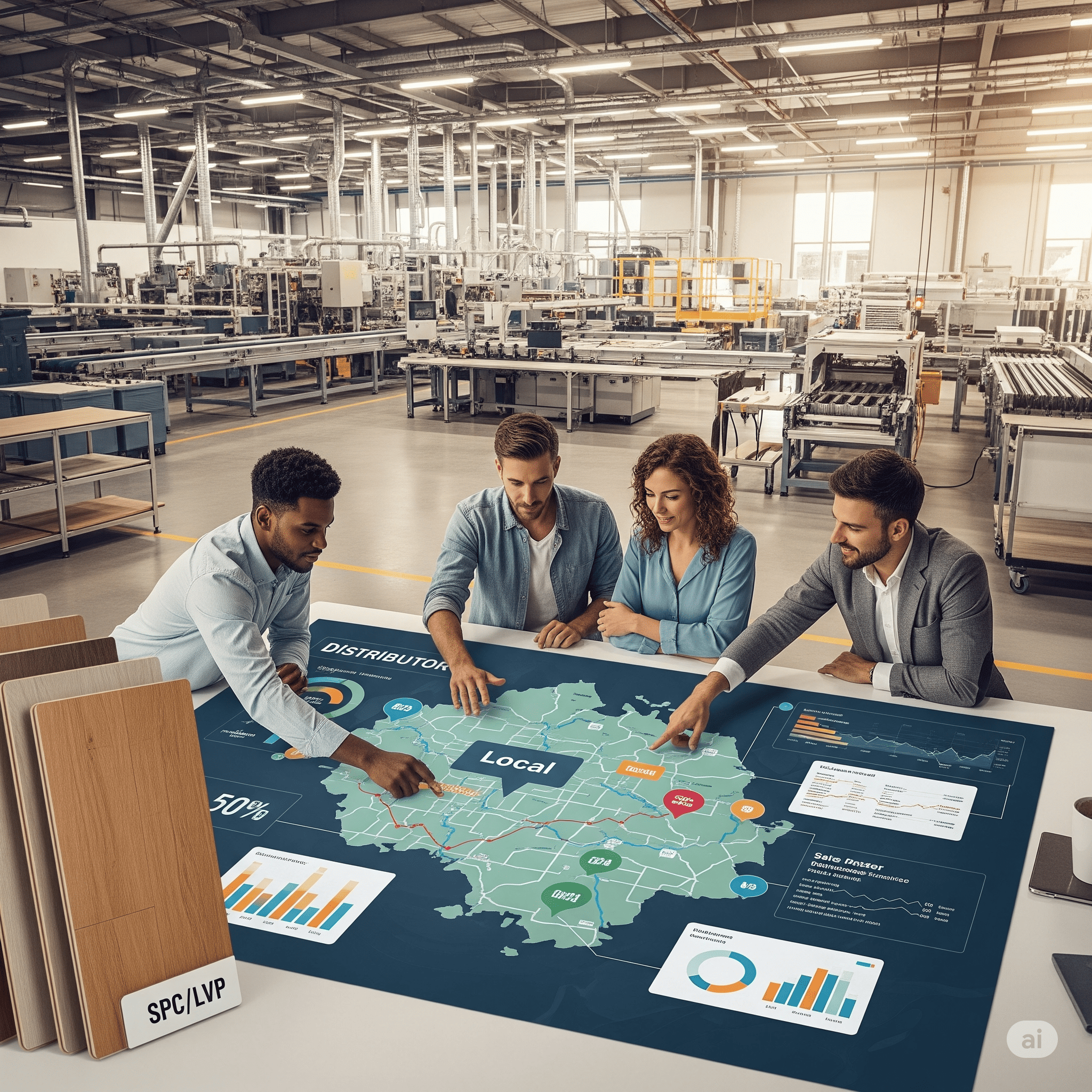 Business team planning distribution strategy for SPC/LVP flooring in a factory