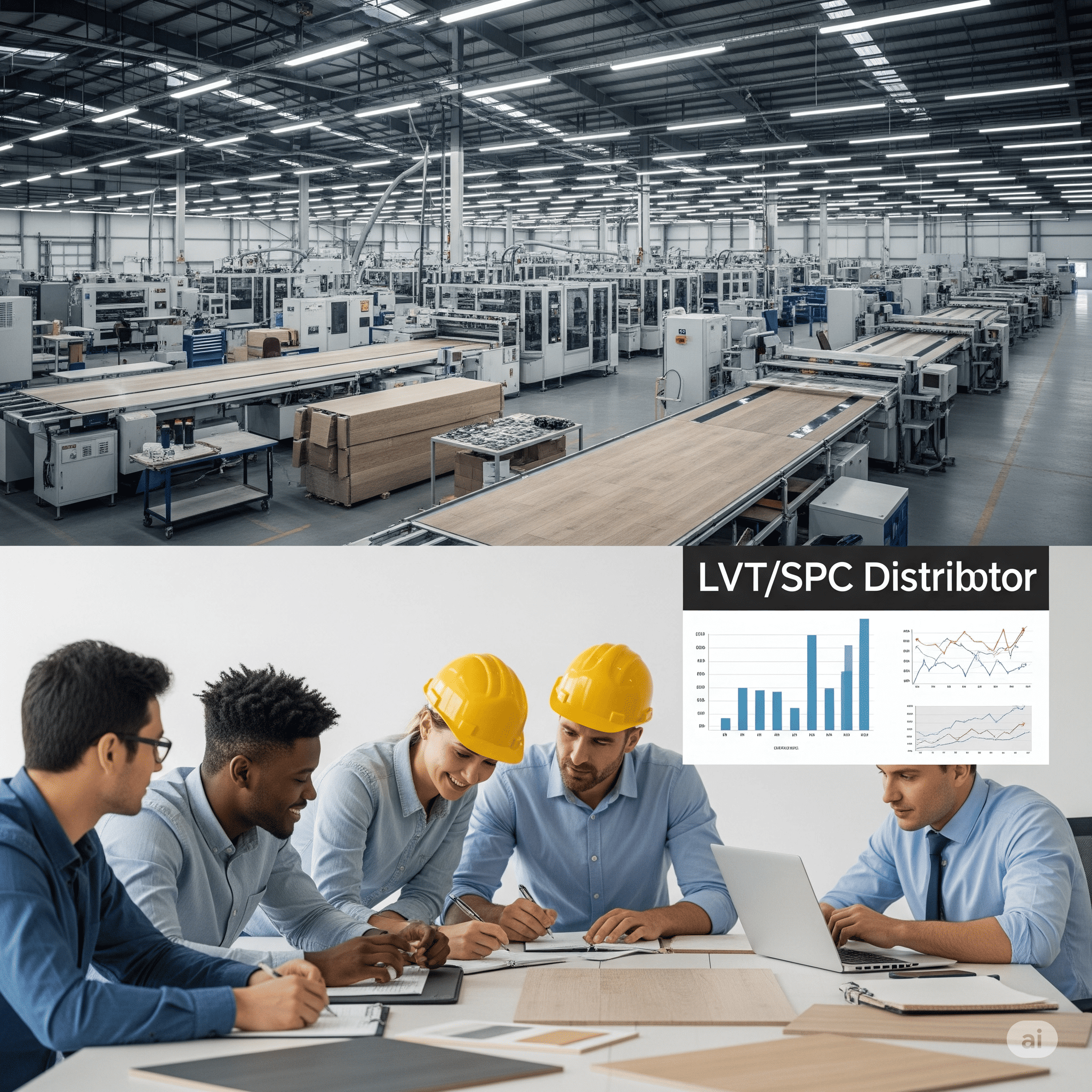 LVT/SPC Distributors meeting in a factory setting to review performance