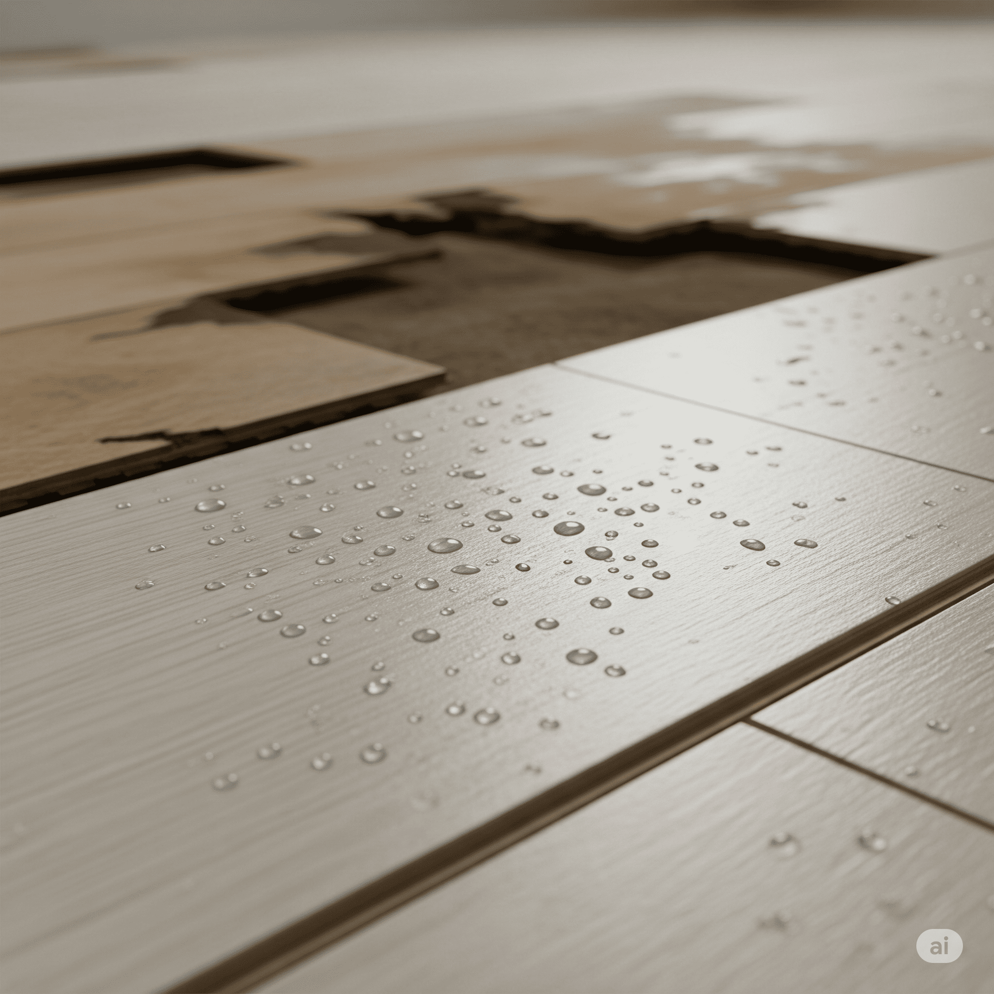 Close-up of water beading on waterproof SPC flooring planks