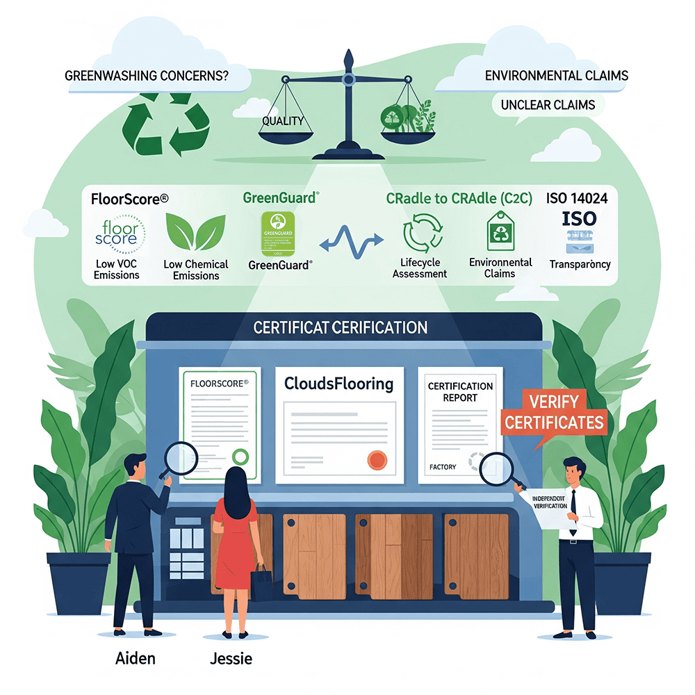 CloudsFlooring's Certifications: FloorScore, GreenGuard, C2C, ISO 14024 for quality and environmental claims
