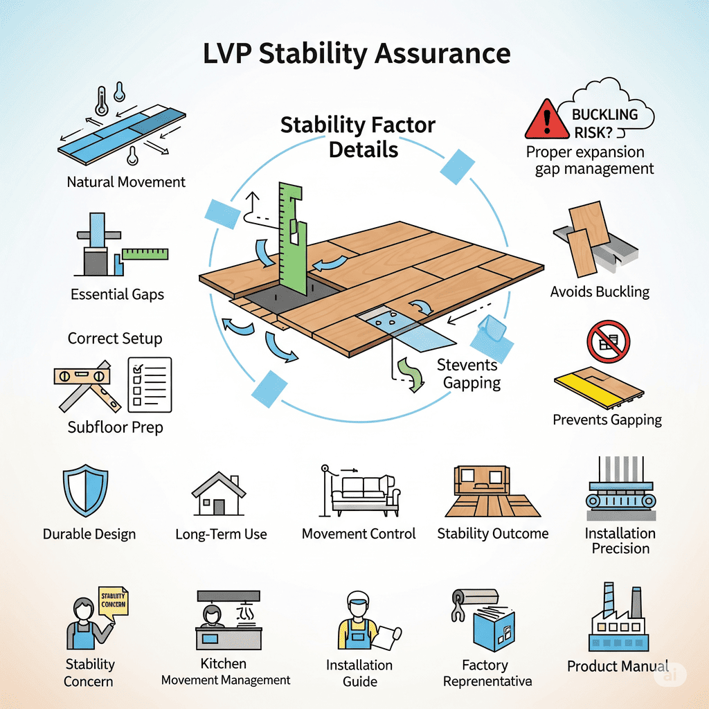 LVP Stability Factors LVP Stability Assurance: Emphasizes proper expansion gap management, subfloor prep, and essential gaps to prevent buckling and gapping for long-term use.