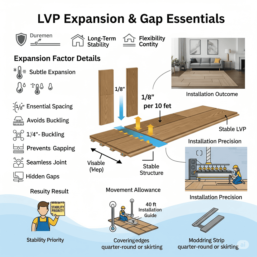 LVP Expansion Gaps LVP Expansion & Gap Essentials: Details the importance of 1/8" essential spacing per 10 feet, movement allowance, and stable structure for preventing buckling.