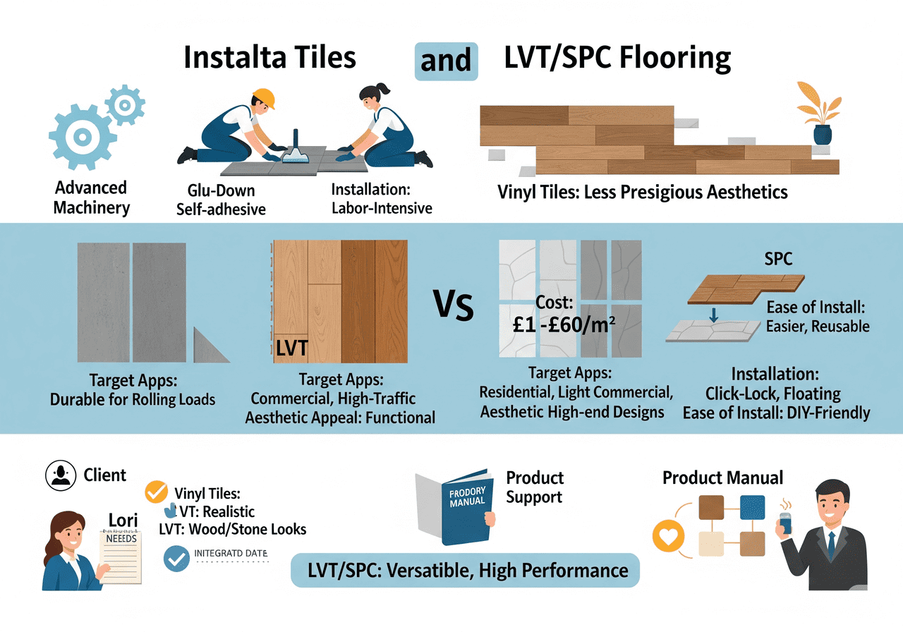 Installable Tiles and LVT/SPC Flooring: Versatile, High Performance: Compares traditional vinyl tiles (glu-down, labor-intensive) with LVT/SPC (click-lock, DIY-friendly, easier install), showcasing target applications, aesthetic appeal, and cost-effectiveness with advanced machinery and product support.
