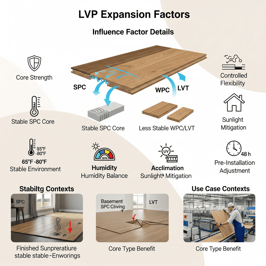 LVP Expansion Influences LVP Expansion Factors: Explains how core strength (SPC vs. WPC/LVT), stable environment (temperature/humidity), and acclimation mitigate expansion risks.