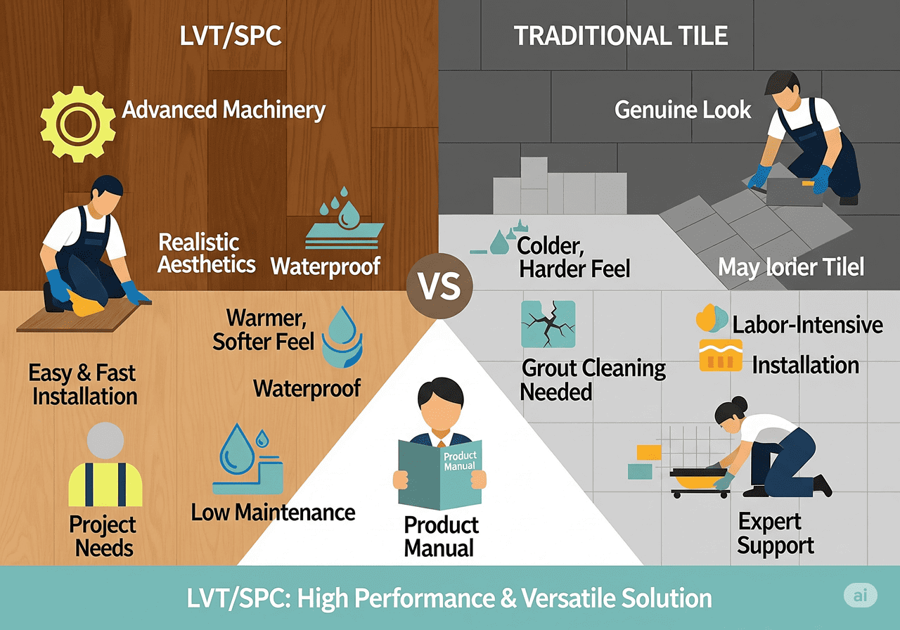 LVT/SPC vs. Traditional Tile: High Performance & Versatile Solution: Highlights LVT/SPC's realistic aesthetics, waterproof properties, warmer feel, easy/fast installation, and low maintenance compared to traditional tile's colder feel, grout cleaning, and labor-intensive installation, with expert support.