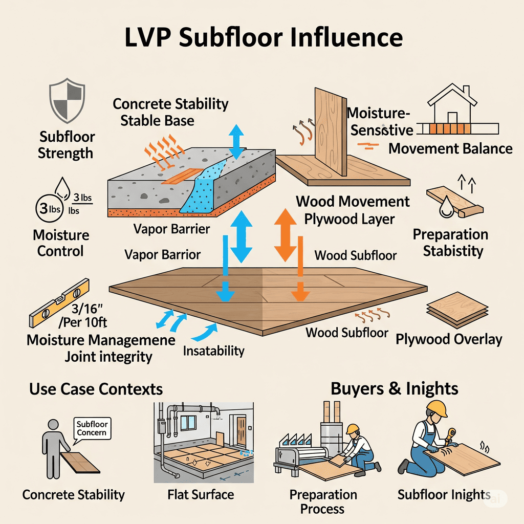 LVP Subfloor Prep LVP Subfloor Influence: Illustrates the impact of subfloor strength, moisture control (vapor barrier), and wood movement on LVP stability.