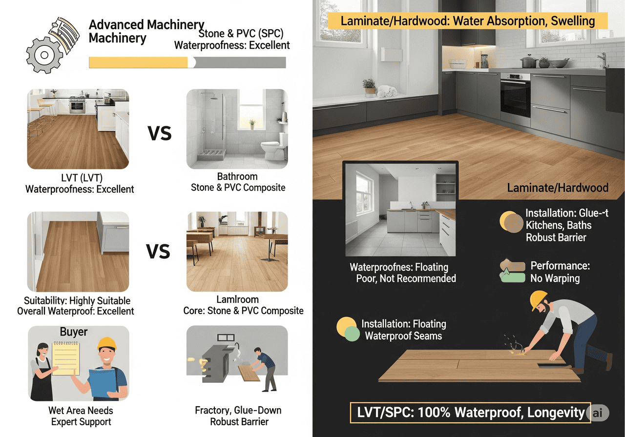 LVT/SPC: 100% Waterproof, Longevity: Compares LVT/SPC's excellent waterproofness and robust barrier in wet areas like bathrooms and kitchens, with laminate/hardwood's poor water resistance, emphasizing advanced machinery and expert support for long-term suitability.