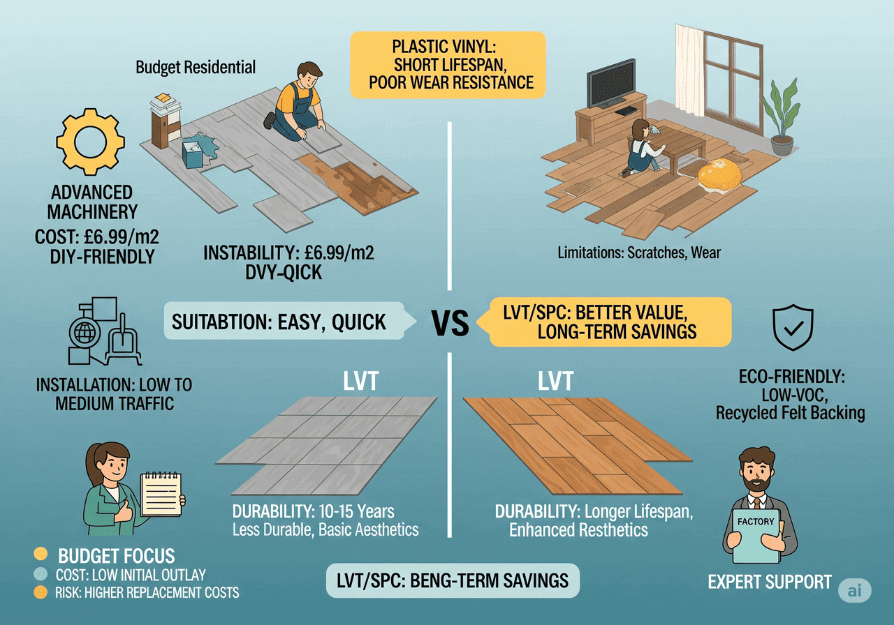 LVT/SPC: Better Value, Long-Term Savings: Contrasts LVT/SPC with plastic vinyl's short lifespan and poor wear resistance, highlighting LVT/SPC's enhanced aesthetics, longer lifespan (10-15 years), eco-friendly properties, and easy/quick DIY-friendly installation for low to medium traffic areas.